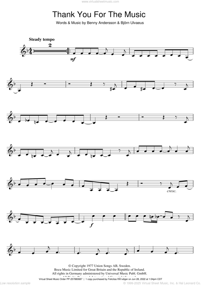 Thank You For The Music sheet music for violin solo by ABBA, Benny Andersson and Bjorn Ulvaeus, intermediate skill level