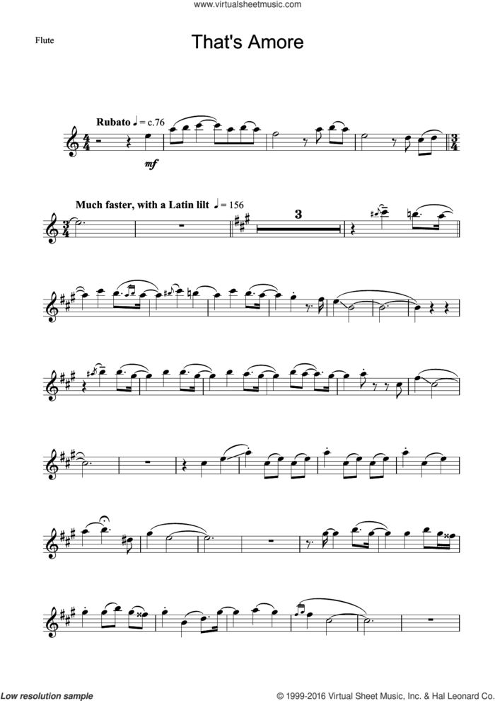 That's Amore sheet music for flute solo by Dean Martin, Harry Warren and Jack Brooks, intermediate skill level