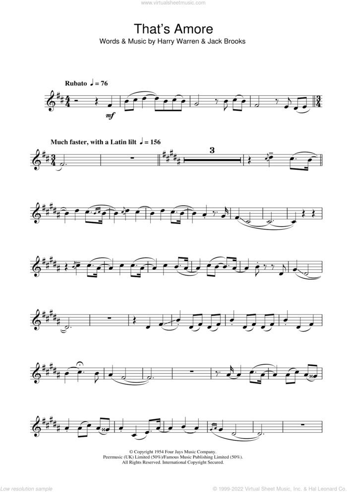 That's Amore sheet music for trumpet solo by Dean Martin, Harry Warren and Jack Brooks, intermediate skill level