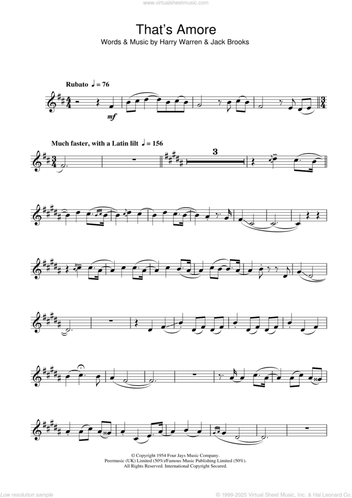 That's Amore sheet music for trumpet solo by Dean Martin, Harry Warren and Jack Brooks, intermediate skill level