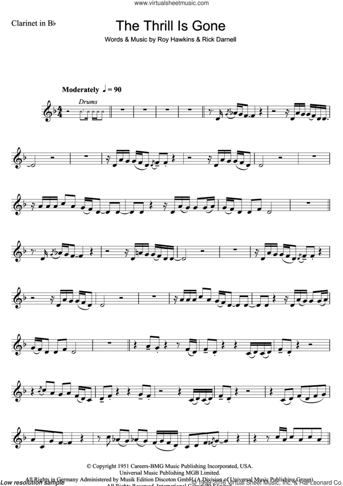 The Thrill Is Gone sheet music for clarinet solo by B.B. King, Rick Darnell and Roy Hawkins, intermediate skill level