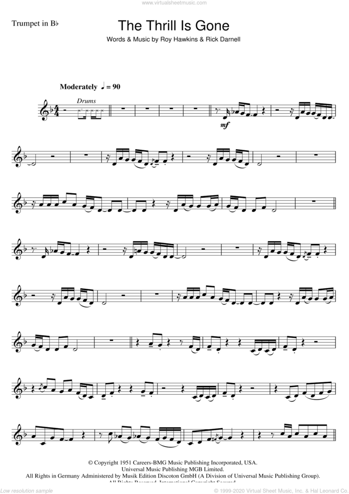 The Thrill Is Gone sheet music for trumpet solo by B.B. King, Rick Darnell and Roy Hawkins, intermediate skill level