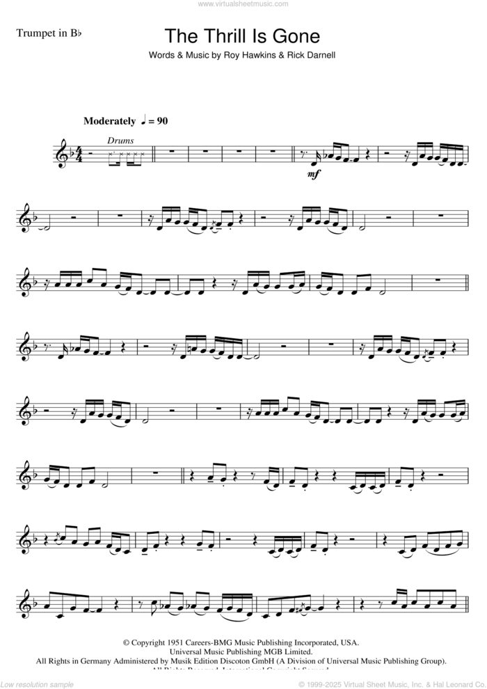 The Thrill Is Gone sheet music for trumpet solo by B.B. King, Rick Darnell and Roy Hawkins, intermediate skill level