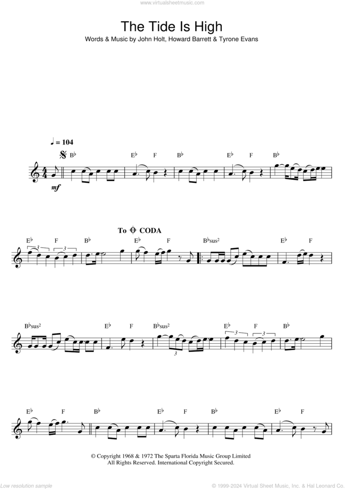 The Tide Is High sheet music for clarinet solo by Blondie, Howard Barrett, John Holt and Tyrone Evans, intermediate skill level