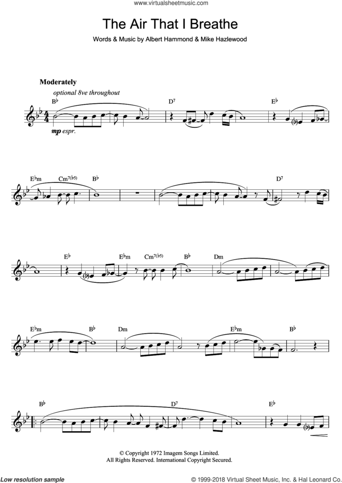 The Air That I Breathe sheet music for flute solo by The Hollies, Albert Hammond and Michael Hazlewood, intermediate skill level