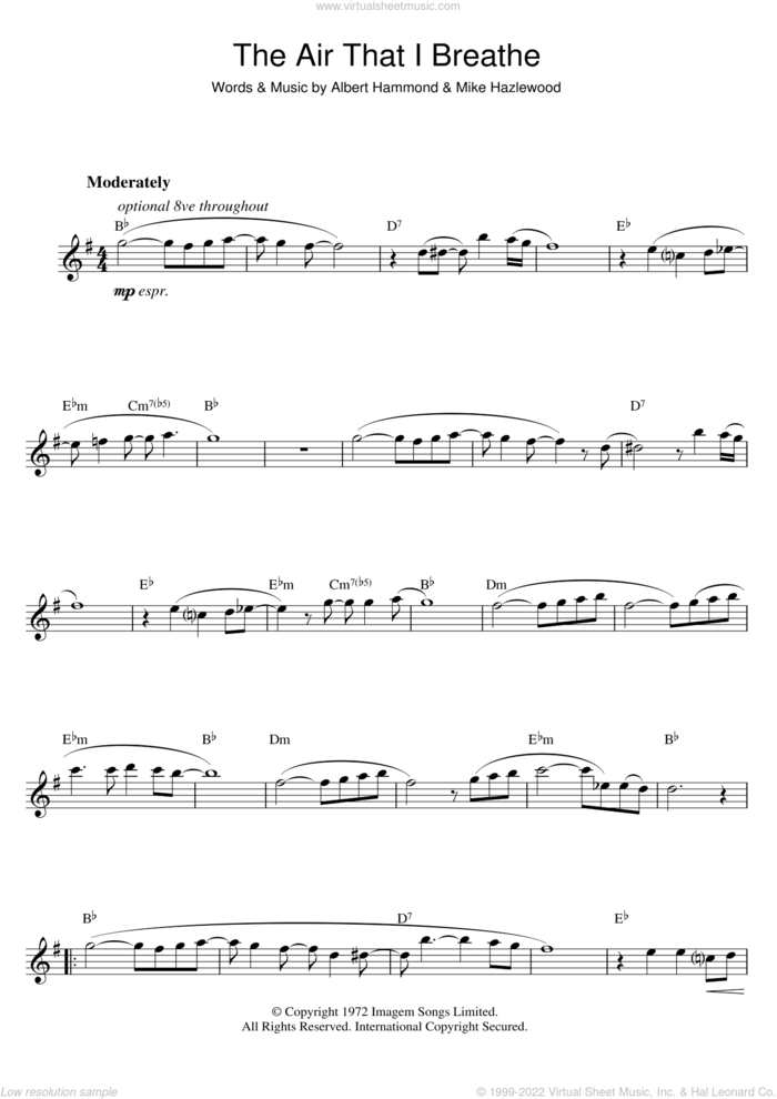 The Air That I Breathe sheet music for saxophone solo by The Hollies, Albert Hammond and Michael Hazlewood, intermediate skill level