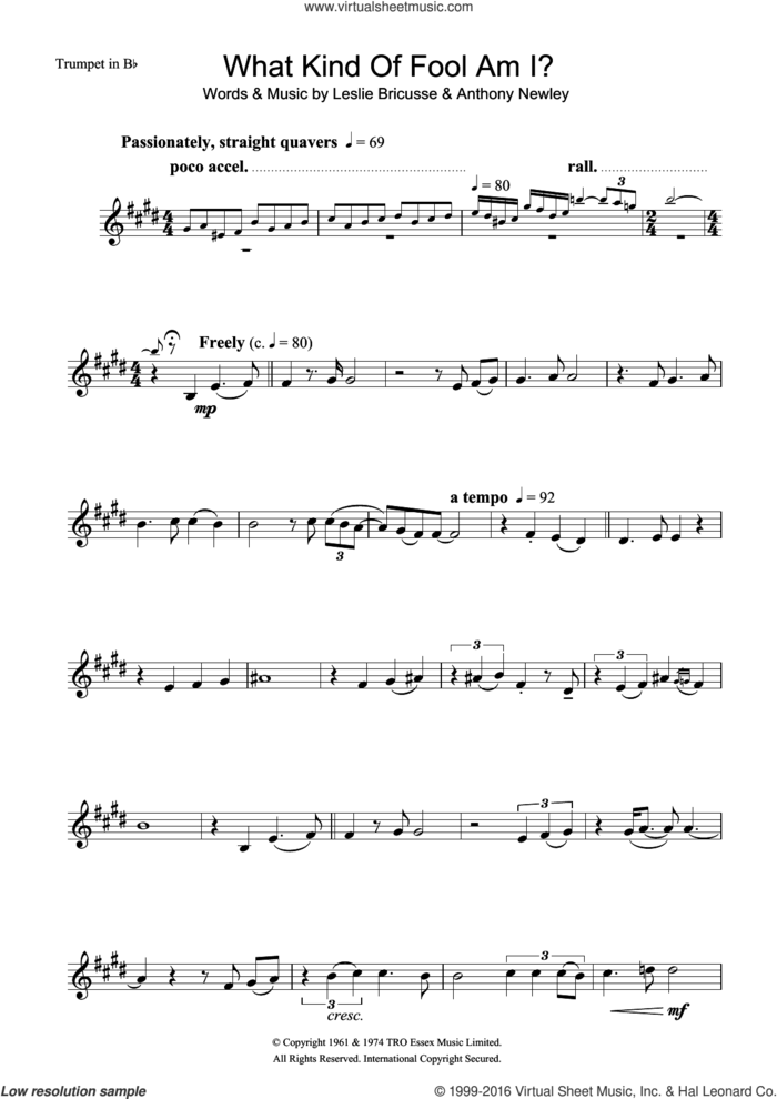 What Kind Of Fool Am I sheet music for trumpet solo by Frank Sinatra, Anthony Newley and Leslie Bricusse, intermediate skill level