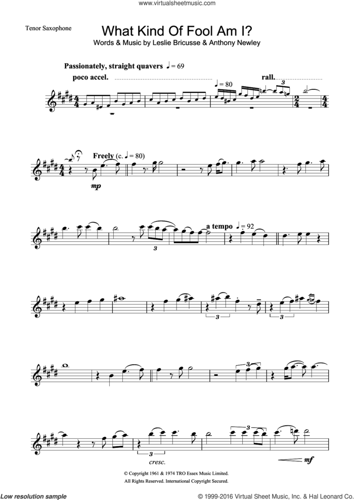 What Kind Of Fool Am I sheet music for tenor saxophone solo by Frank Sinatra, Anthony Newley and Leslie Bricusse, intermediate skill level