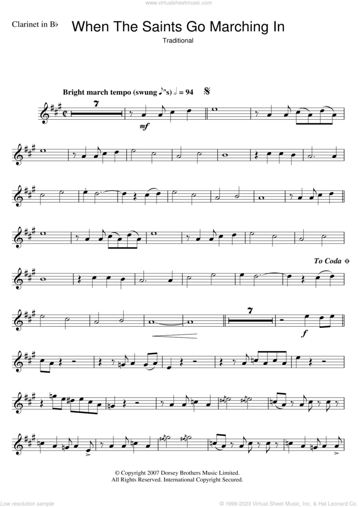When The Saints Go Marching In sheet music for clarinet solo by Louis Armstrong and Miscellaneous, intermediate skill level