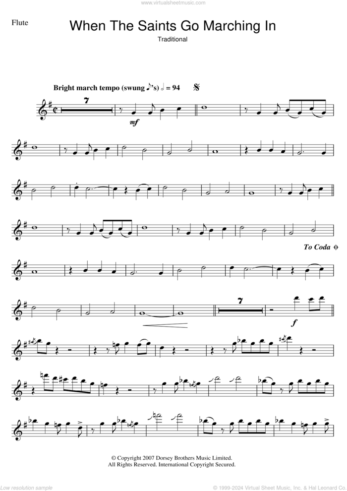 When The Saints Go Marching In sheet music for flute solo by Louis Armstrong and Miscellaneous, intermediate skill level