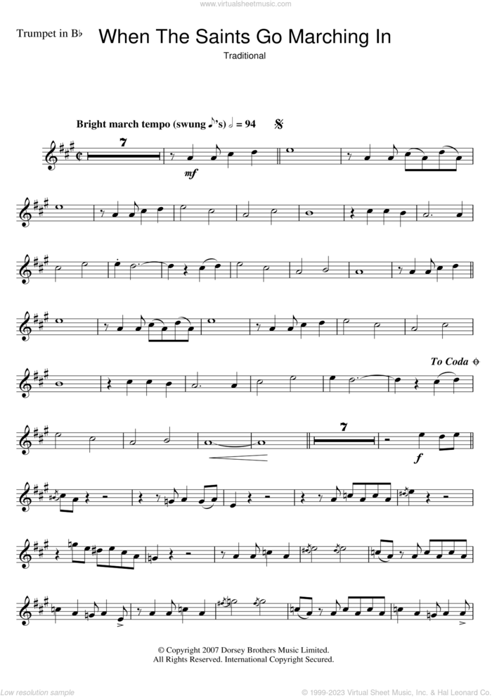 When The Saints Go Marching In sheet music for trumpet solo by Louis Armstrong and Miscellaneous, intermediate skill level