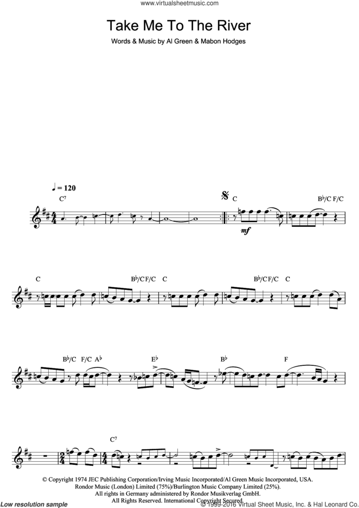 Take Me To The River sheet music for clarinet solo by Al Green and Mabon Hodges, intermediate skill level