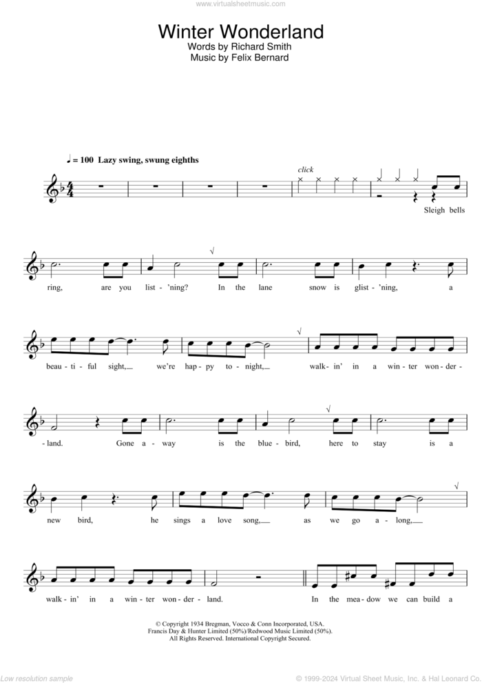 Winter Wonderland sheet music for clarinet solo by Richard Smith and Felix Bernard, intermediate skill level