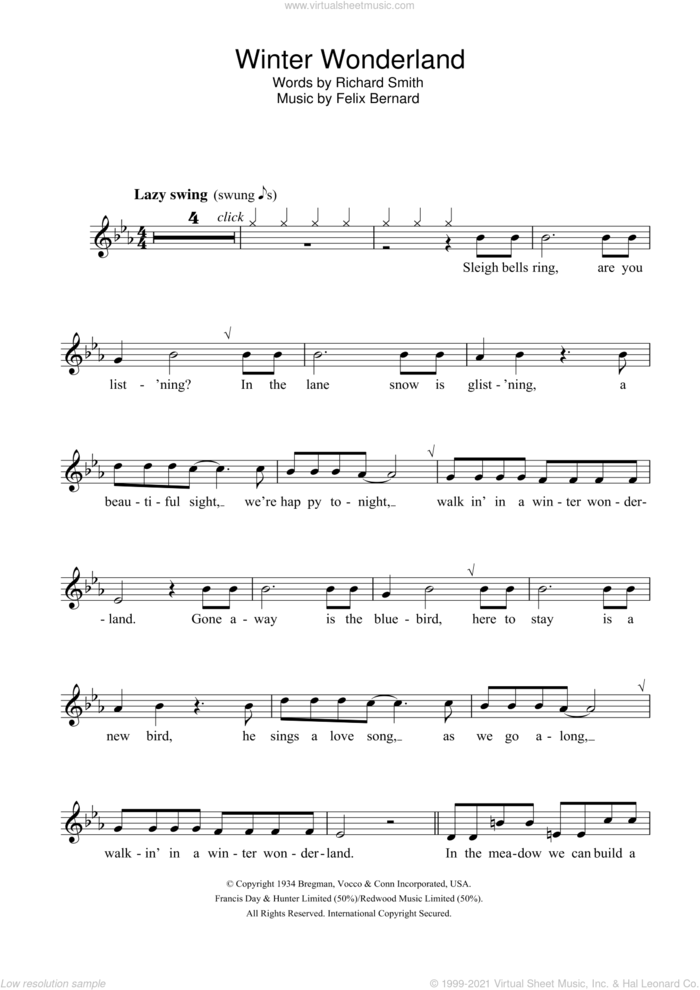 Winter Wonderland sheet music for flute solo by Richard Smith and Felix Bernard, intermediate skill level