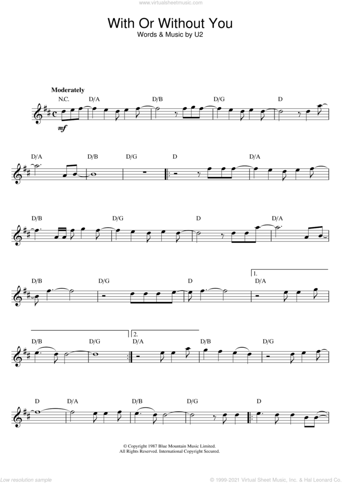 With Or Without You sheet music for flute solo by U2, intermediate skill level