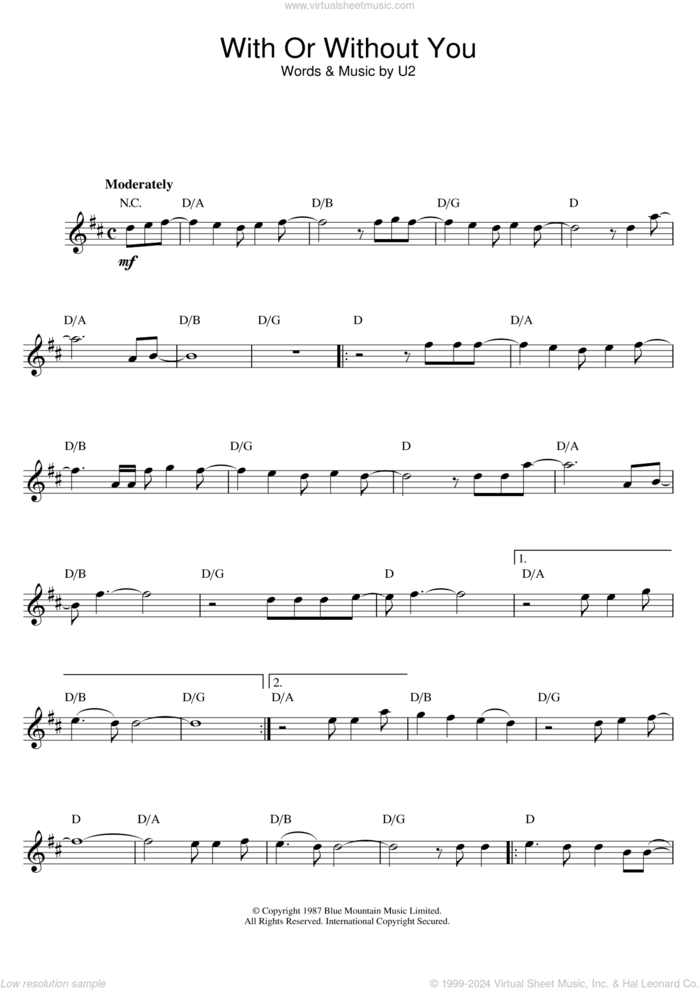 With Or Without You sheet music for flute solo by U2, intermediate skill level