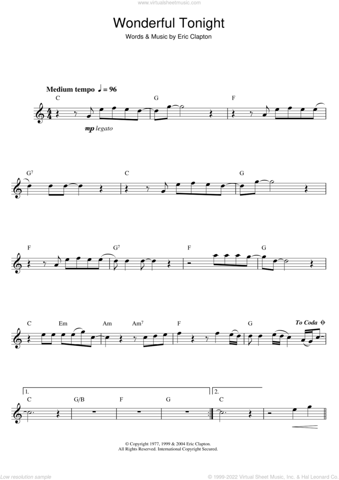 Wonderful Tonight sheet music for saxophone solo by Eric Clapton, wedding score, intermediate skill level