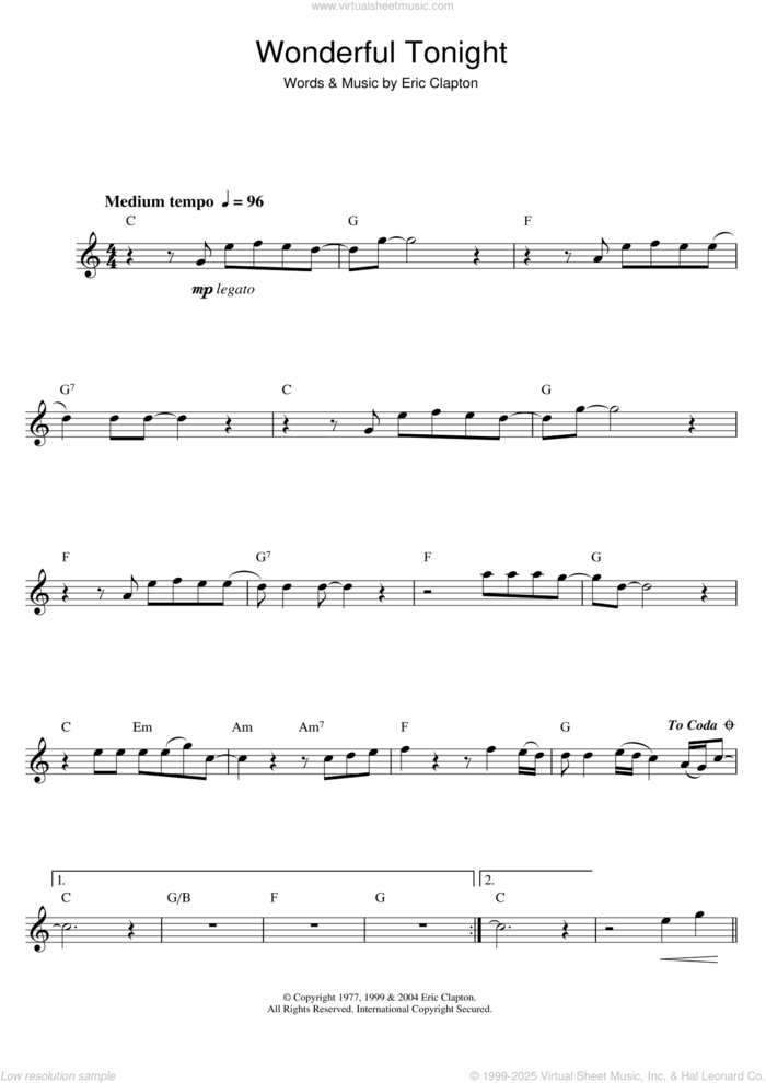 Wonderful Tonight sheet music for saxophone solo by Eric Clapton, wedding score, intermediate skill level