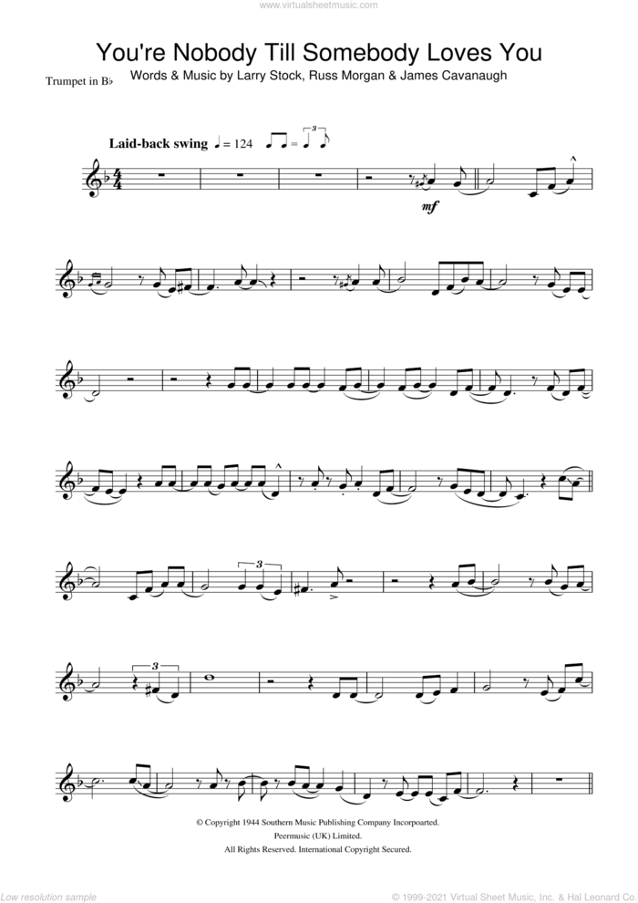 You're Nobody Till Somebody Loves You sheet music for trumpet solo by Frank Sinatra, James Cavanaugh, Larry Stock and Russ Morgan, intermediate skill level