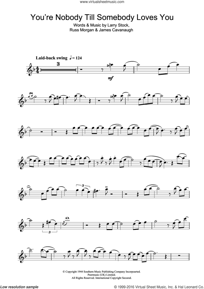 You're Nobody Till Somebody Loves You sheet music for tenor saxophone solo by Frank Sinatra, James Cavanaugh, Larry Stock and Russ Morgan, intermediate skill level
