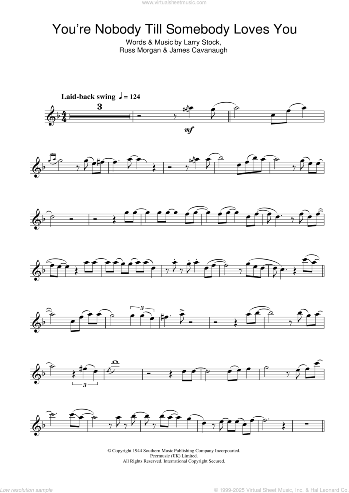 You're Nobody Till Somebody Loves You sheet music for tenor saxophone solo by Frank Sinatra, James Cavanaugh, Larry Stock and Russ Morgan, intermediate skill level