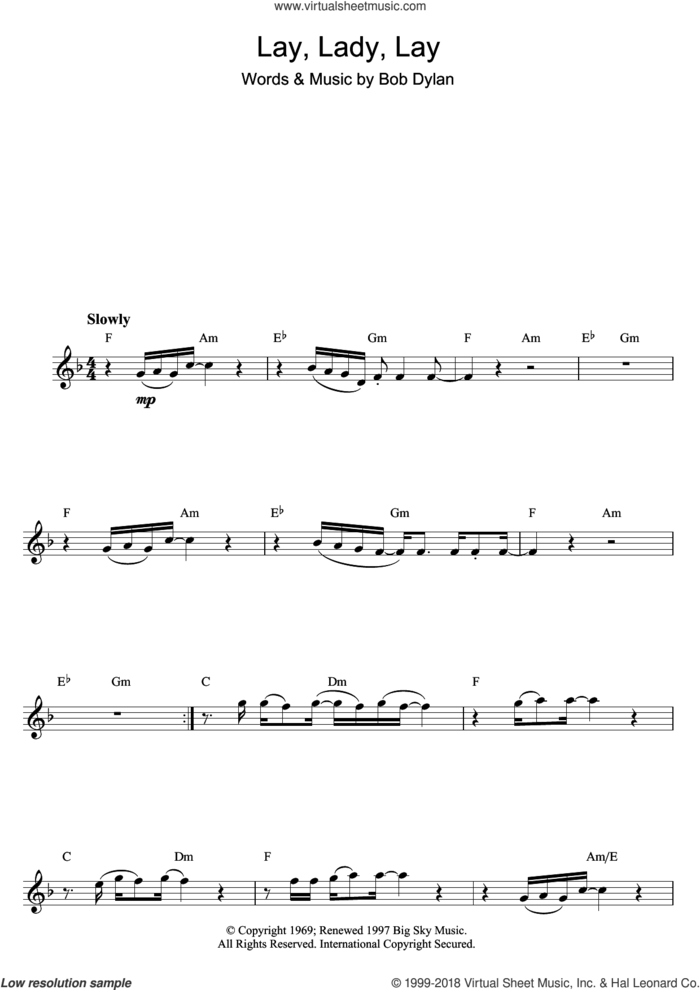 Lay Lady Lay sheet music for flute solo by Bob Dylan, intermediate skill level