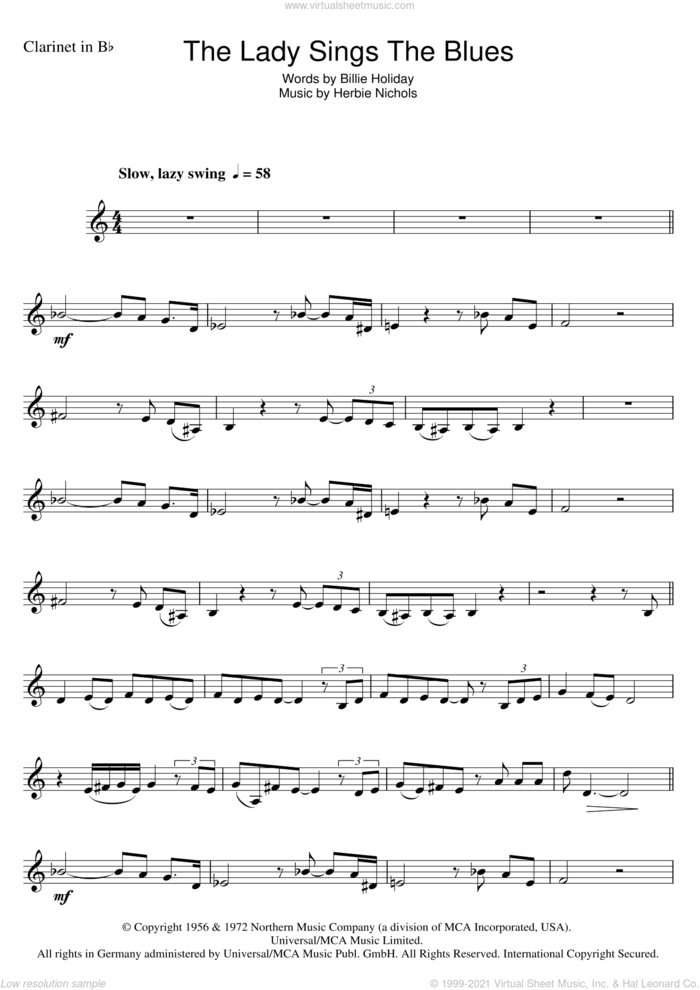 The Lady Sings The Blues sheet music for clarinet solo by Billie Holiday and Herbie Nichols, intermediate skill level