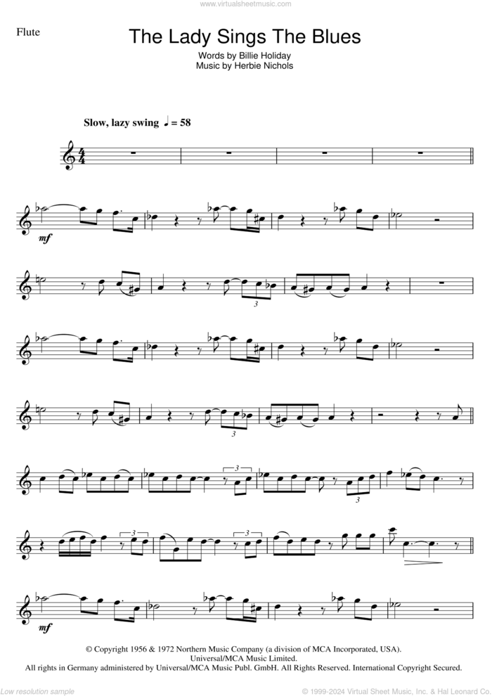 The Lady Sings The Blues sheet music for flute solo by Billie Holiday and Herbie Nichols, intermediate skill level