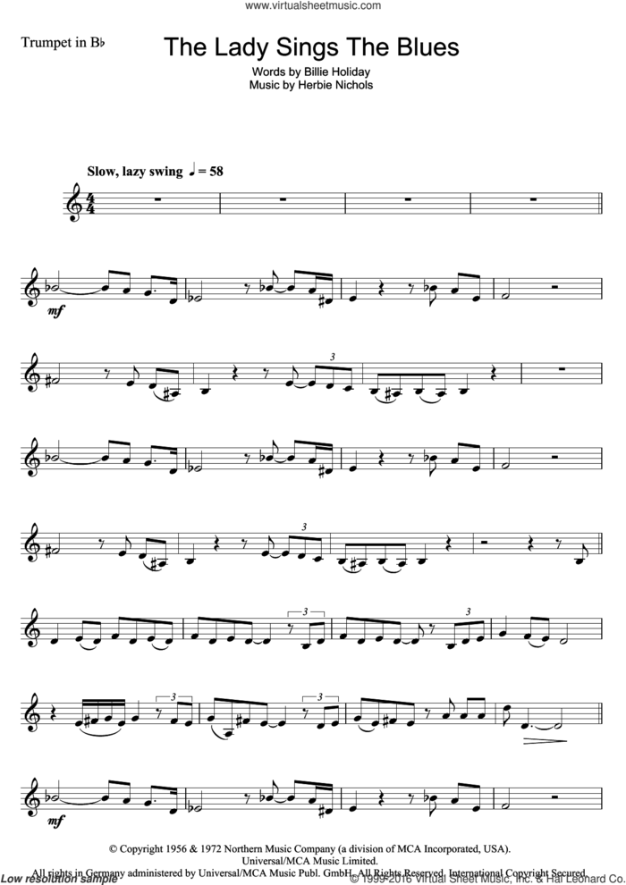 The Lady Sings The Blues sheet music for trumpet solo by Billie Holiday and Herbie Nichols, intermediate skill level