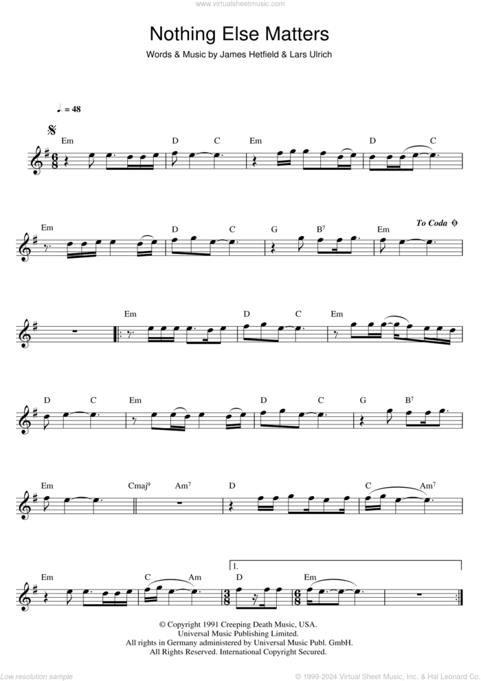 Nothing Else Matters sheet music for flute solo by Metallica, James Hetfield and Lars Ulrich, intermediate skill level