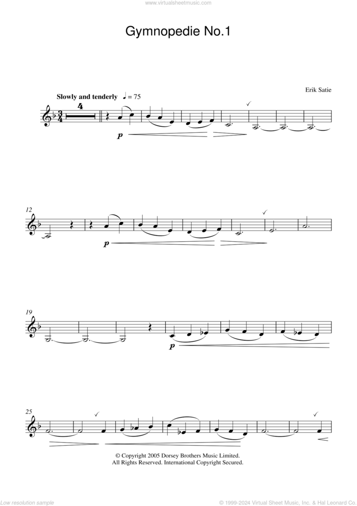 Gymnopedie No. 1 sheet music for clarinet solo by Erik Satie, classical score, intermediate skill level