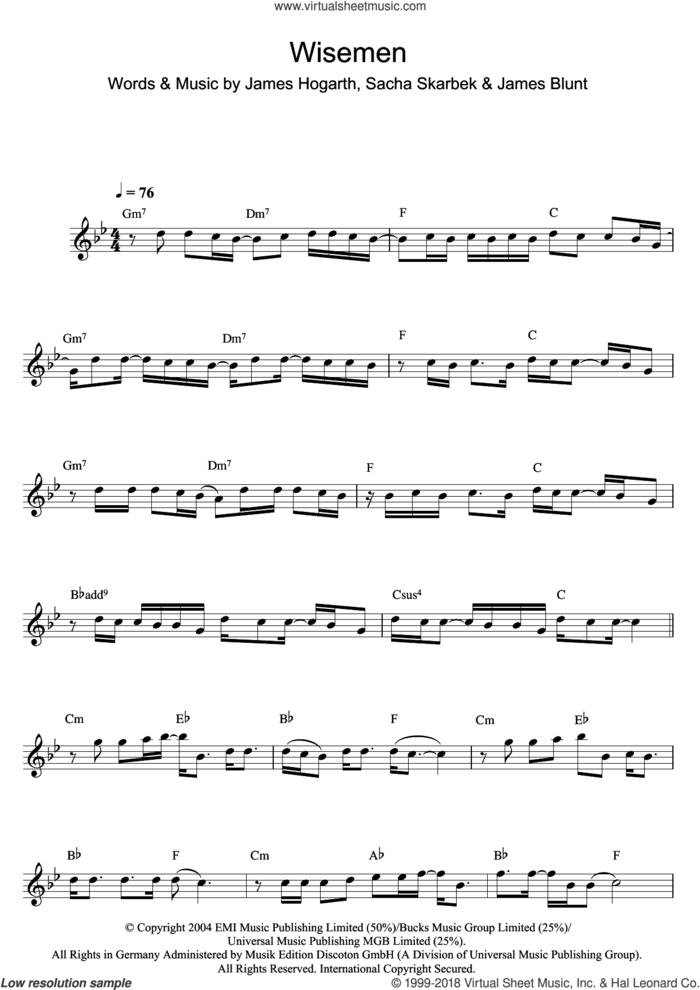 Wisemen sheet music for flute solo by James Blunt, James Hogarth and Sacha Skarbek, intermediate skill level