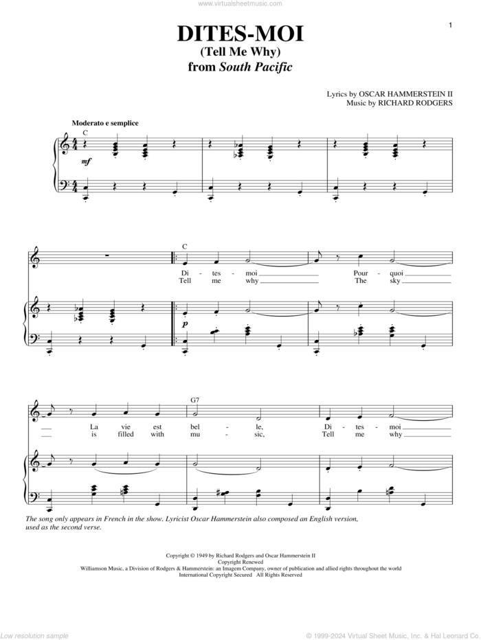 Dites-Moi (Tell Me Why) sheet music for voice and piano by Rodgers & Hammerstein, Oscar II Hammerstein and Richard Rodgers, intermediate skill level