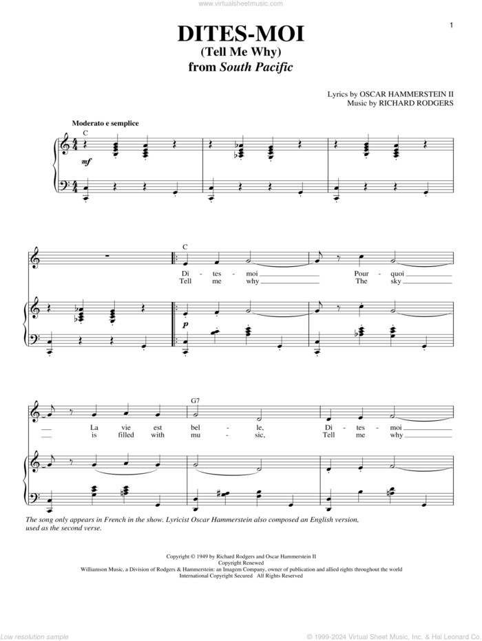 Dites-Moi (Tell Me Why) sheet music for voice and piano by Rodgers & Hammerstein, Oscar II Hammerstein and Richard Rodgers, intermediate skill level