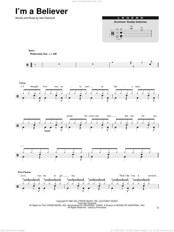 I'm A Believer sheet music for drums by The Monkees, Smash Mouth and Neil Diamond, intermediate skill level