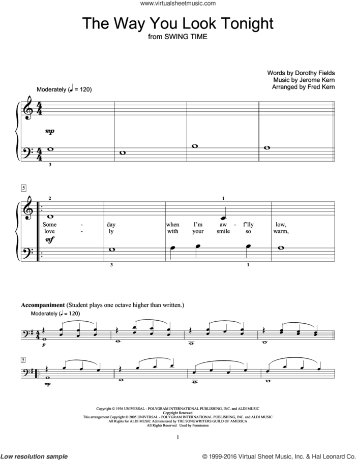 The Way You Look Tonight (arr. Fred Kern) sheet music for piano solo (elementary) by Jerome Kern, Phillip Keveren, Fred Kern, Mona Rejino and Dorothy Fields, wedding score, beginner piano (elementary)