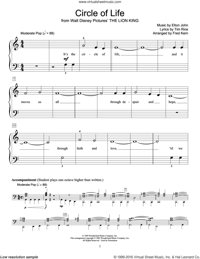 Circle Of Life (from The Lion King) (arr. Fred Kern) sheet music for piano solo (elementary) by Elton John, Phillip Keveren, Fred Kern and Mona Rejino, beginner piano (elementary)