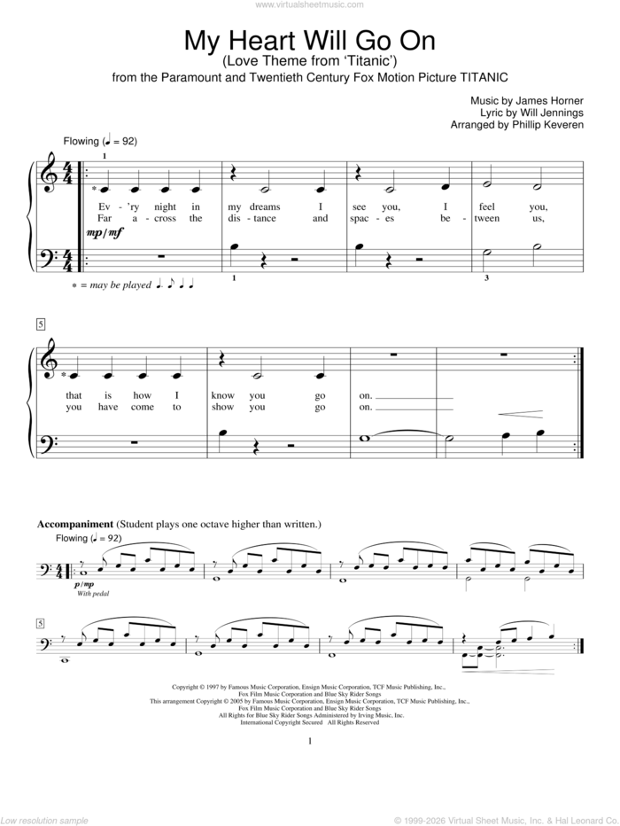 My Heart Will Go On (Love Theme from Titanic) (arr. Phillip Keveren) sheet music for piano solo (elementary) by James Horner, Phillip Keveren, Celine Dion, Deja Vu, Deja Vu, Fred Kern, Kenny G, Mona Rejino and Will Jennings, wedding score, beginner piano (elementary)