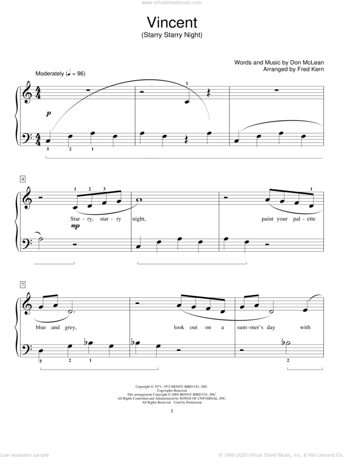 Vincent (Starry Starry Night) (arr. Fred Kern) sheet music for piano solo (elementary) by Don McLean, Phillip Keveren, Fred Kern and Mona Rejino, beginner piano (elementary)