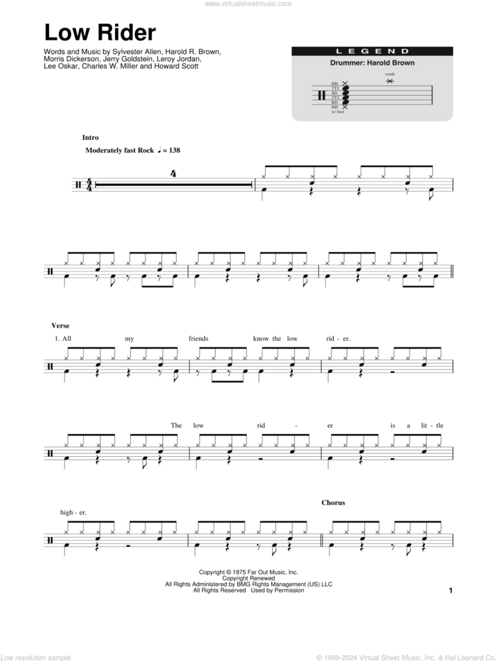 Low Rider sheet music for drums by War, Charles W. Miller, Harold R. Brown, Howard Scott, Jerry Goldstein, Lee Oskar, Leroy Jordan, Morris Dickerson and Sylvester Allen, intermediate skill level