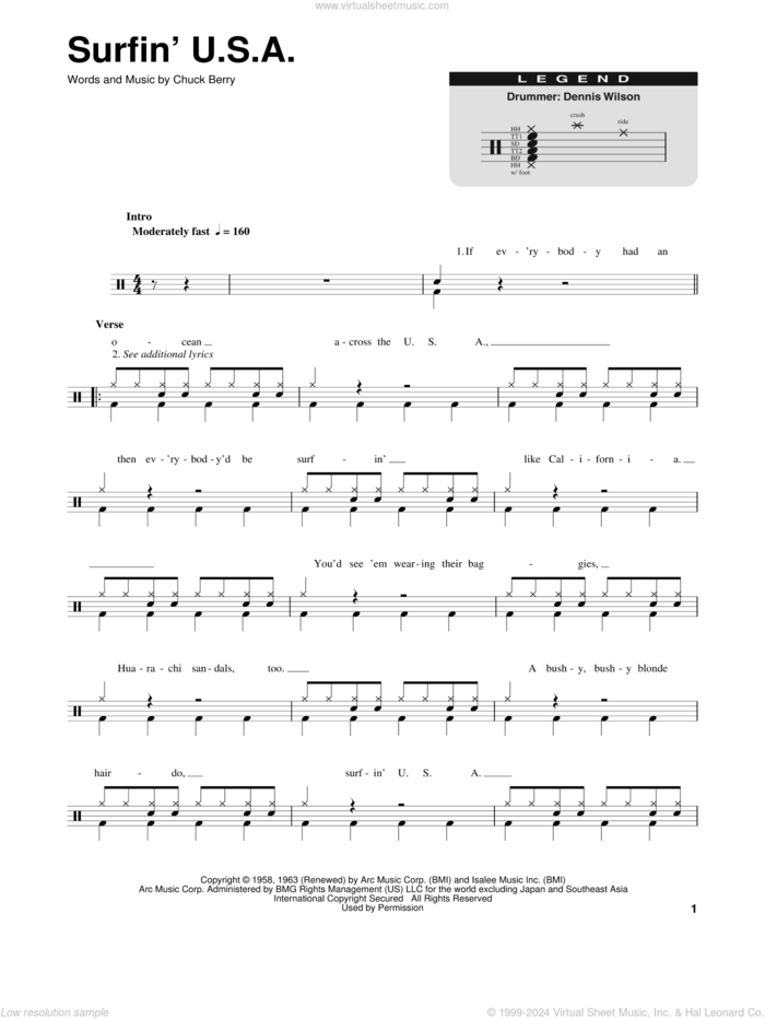 Surfin' U.S.A. sheet music for drums by The Beach Boys and Chuck Berry, intermediate skill level