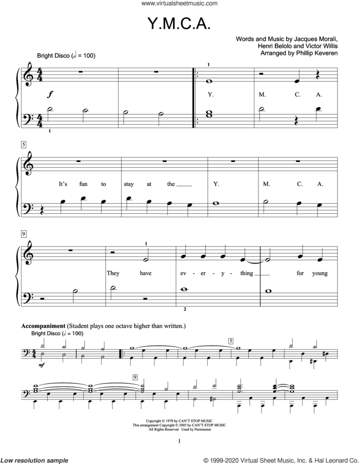 Y.M.C.A. (arr. Phillip Keveren) sheet music for piano solo (elementary) by Phillip Keveren, Fred Kern, Mona Rejino, Village People, Henri Belolo, Jacques Morali and Victor Willis, beginner piano (elementary)