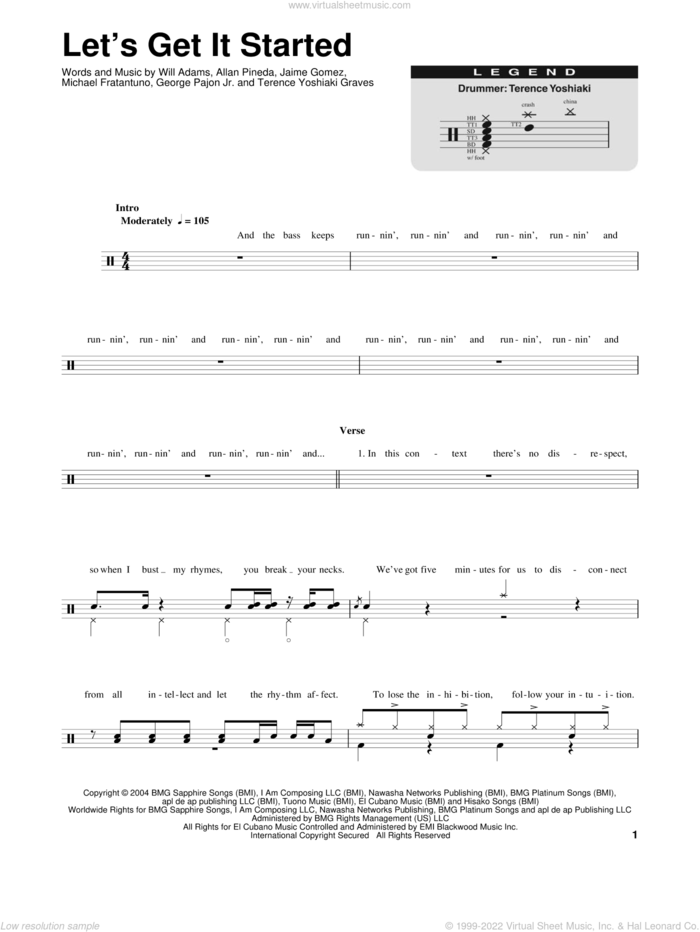 Let's Get It Started sheet music for drums by Black Eyed Peas, Allan Pineda, George Pajon Jr., Jaime Gomez, Michael Fratantuno, Terence Yoshiaki Graves and Will Adams, intermediate skill level