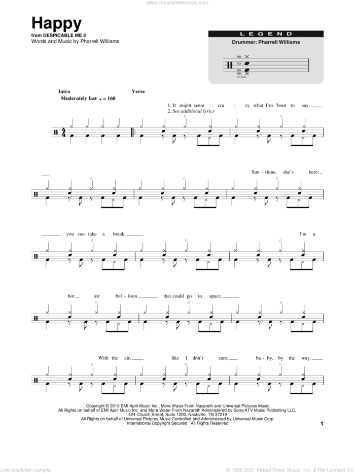 Happy sheet music for drums by Pharrell and Pharrell Williams, intermediate skill level