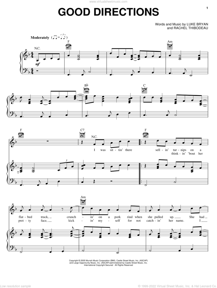 Good Directions sheet music for voice, piano or guitar by Billy Currington, Luke Bryan and Rachel Thibodeaux, intermediate skill level