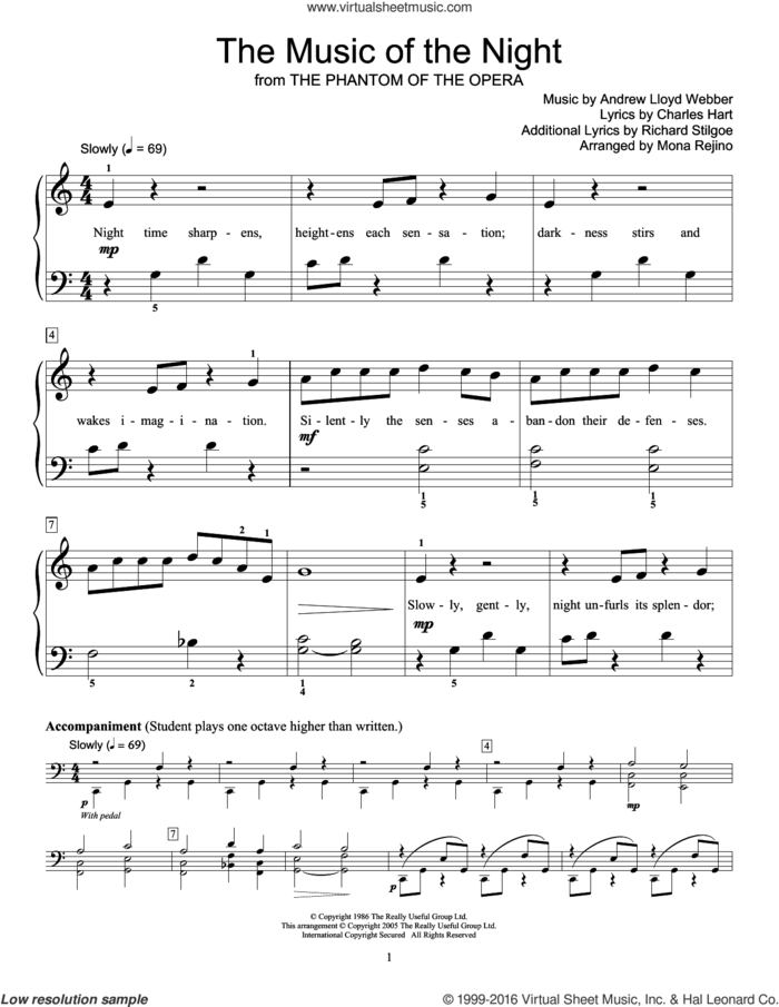 The Music Of The Night (arr. Mona Rejino) sheet music for piano solo (elementary) by Andrew Lloyd Webber, Phillip Keveren, David Cook, Fred Kern, Mona Rejino, Charles Hart and Richard Stilgoe, classical score, beginner piano (elementary)