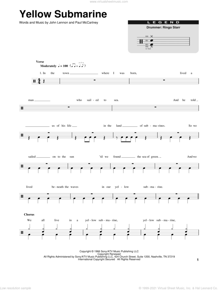 Yellow Submarine sheet music for drums by The Beatles, John Lennon and Paul McCartney, intermediate skill level