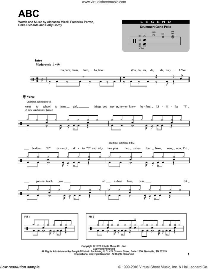 ABC sheet music for drums by The Jackson 5, Alphonso Mizell, Berry Gordy, Deke Richards and Frederick Perren, intermediate skill level