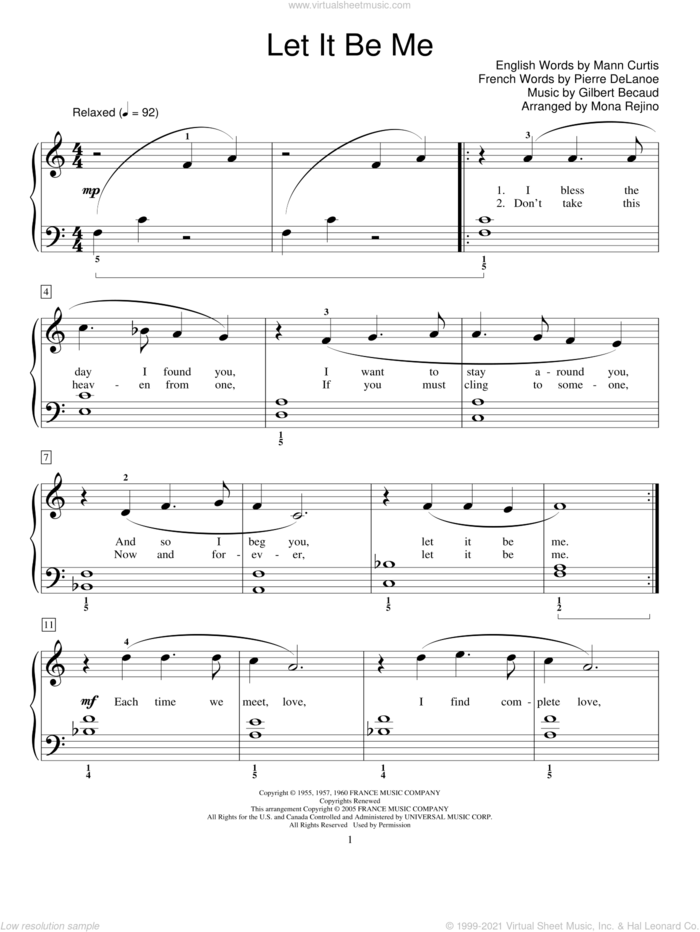 Let It Be Me (Je T'appartiens) (arr. Mona Rejino) sheet music for piano solo (elementary) by Gilbert Becaud, Phillip Keveren, Betty Everett & Jerry Butler, Elvis Presley, Everly Brothers, Fred Kern, Mona Rejino, Mann Curtis and Pierre Delanoe, beginner piano (elementary)