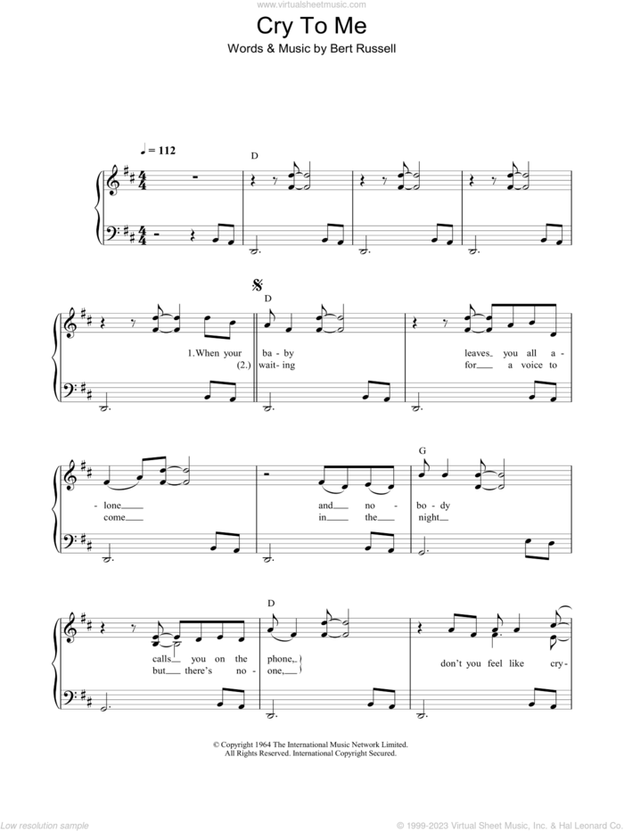 Cry To Me sheet music for piano solo by Solomon Burke and Bert Russell, easy skill level